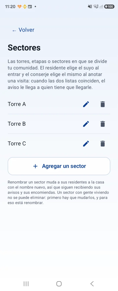 Pantalla de Sectores en Aura: la lista de torres de la comunidad y los botones para agregar, renombrar y eliminar cada una.